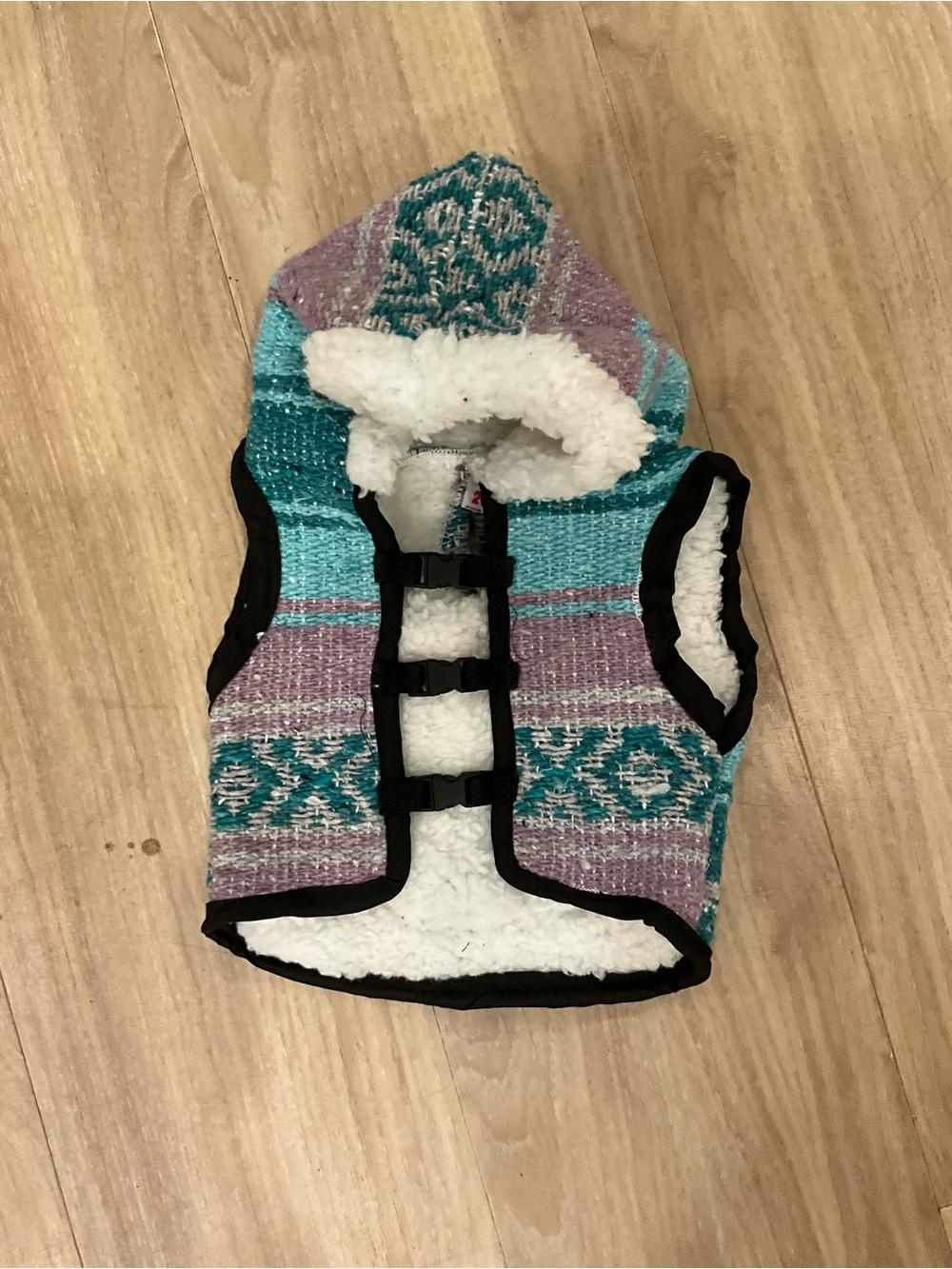 Cozy Sherpa-Lined Hooded Pet Vest in Teal and Purple